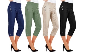 Women's Two-Button Zipped Super-Stretched 3/4 Cropped Capri Trousers