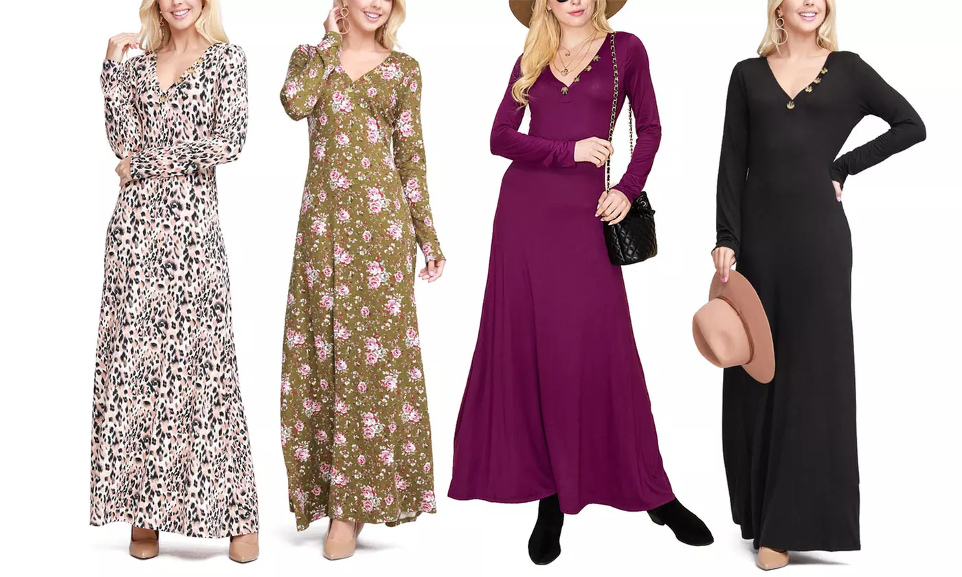Doublju Women's Maxi Long-Sleeve Dress with Button Neckline. Plus Sizes Available. - Primary Image