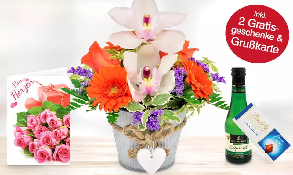 Blumengesteck "Alles Liebe" oder "Orchideengruß" in versch. Farben