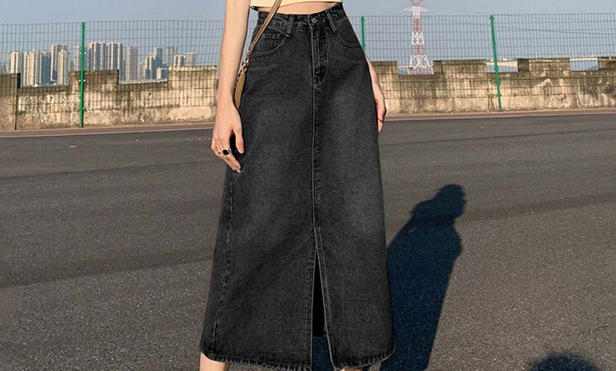 Image 1: High Waist Ankle-Length Denim Skirt