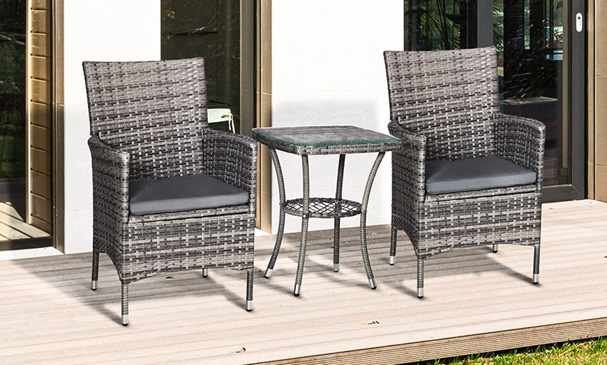 Image 1: Outsunny Outdoor Rattan-Effect Bistro Set with Cushions