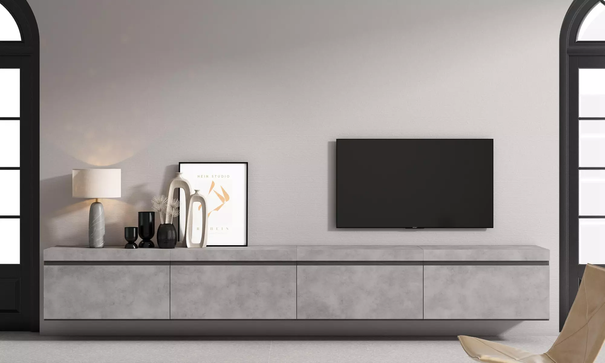 Hängender TV-Schrank 320 cm od. TV-Schrank 288 cm + elektrischer Kamin