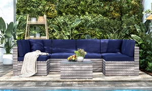 Six-Seat Rattan-Effect Sofa with Table