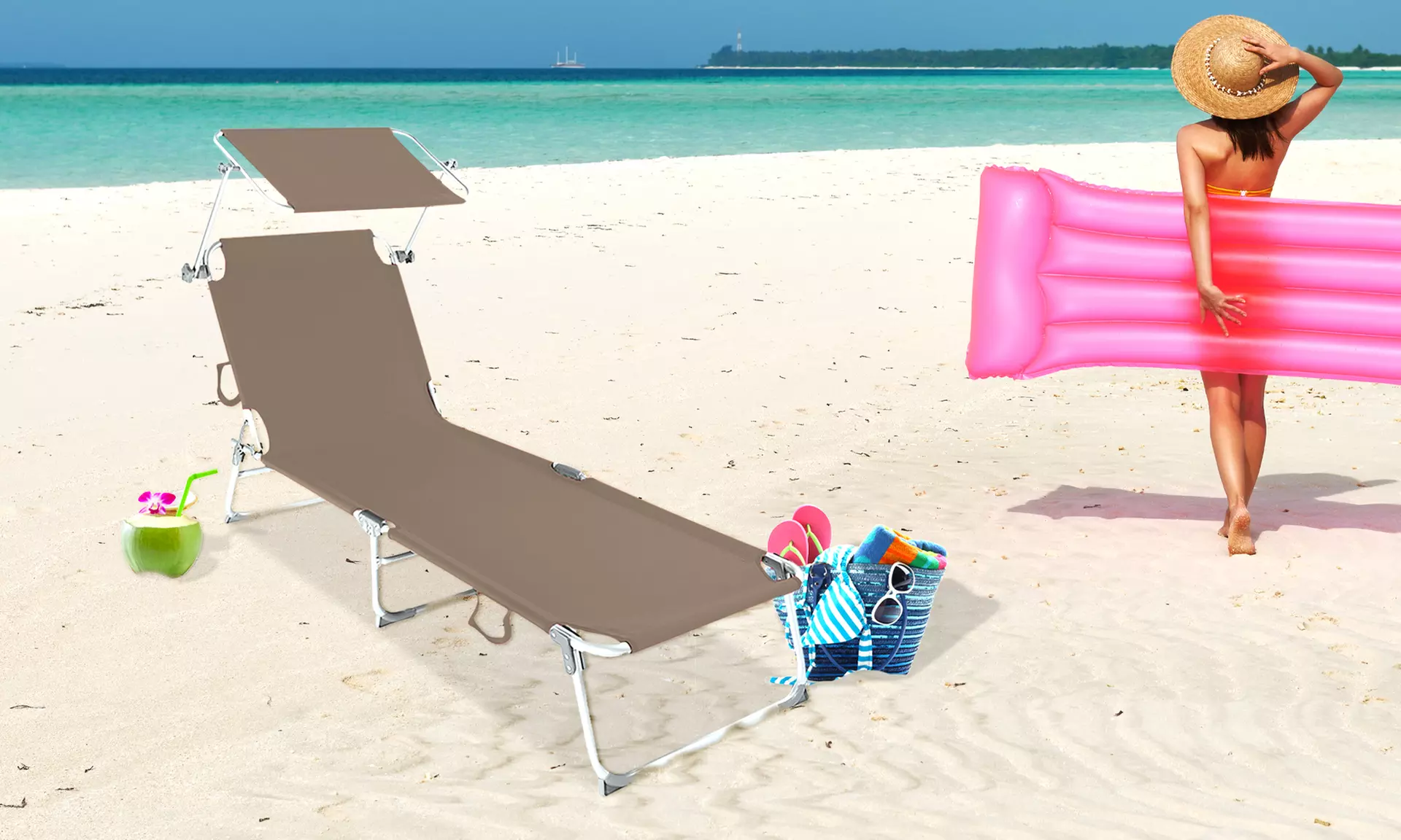 1 ou 2 chaises longues pliables et réglables avec pare-soleil, coloris au choix - Primary Image