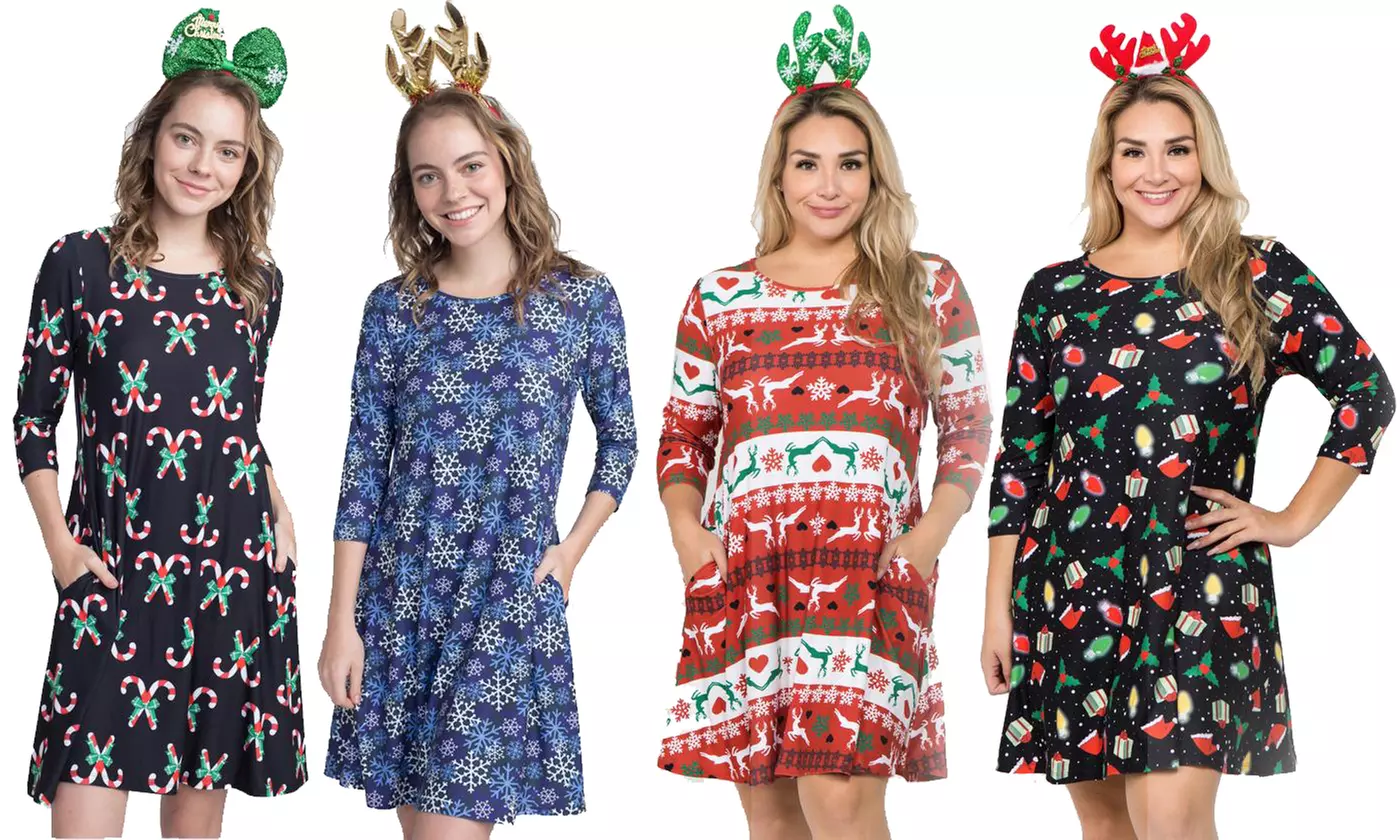 Women's Christmas Print Dress with Pockets and Free Headband. Plus Sizes Available. - Primary Image
