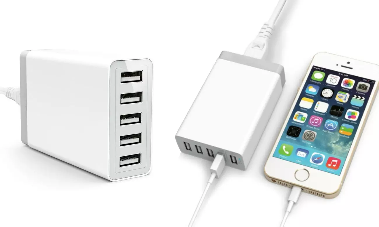 Intelligenter UBS Power-Hub mit 5 USB-Slots und Netzteil für die Steckdose in Weiß inkl. Versand - Primary Image