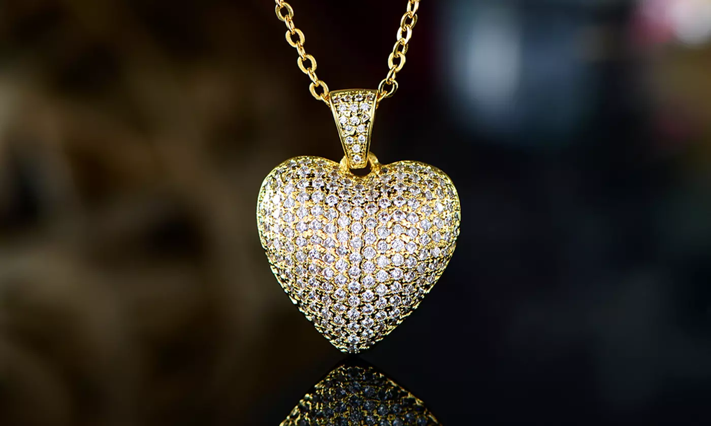 18k Gold Plated Puffed Heart Pendant Necklace Made With Swarovski Elements by Barzel - Primary Image