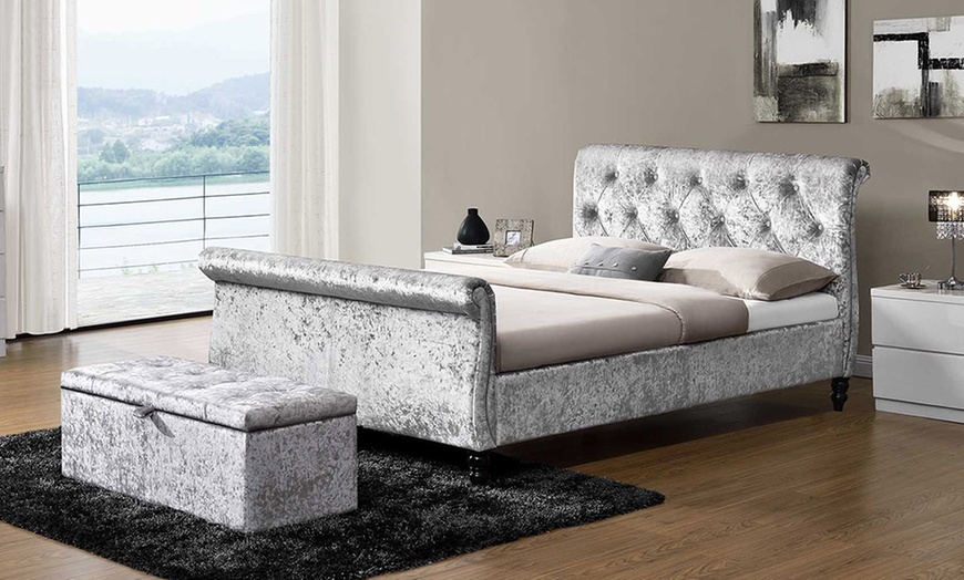 Image 1: Silver Crushed Velvet Bed