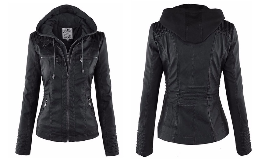 Image 2: Faux Leather Hooded Jacket