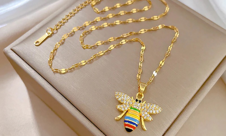 Image 1: Gold Multi-Coloured Crystals and Bee Pendant Necklace