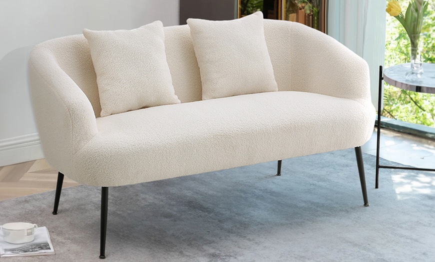 Image 1: White Teddy Fabric Loveseat With Metal Legs