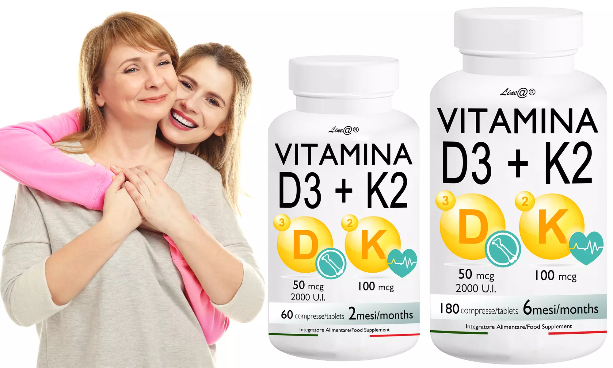 60, 120, 180 ou 360 compléments alimentaires de vitamines D3 et K2 de Lineadiet - Primary Image