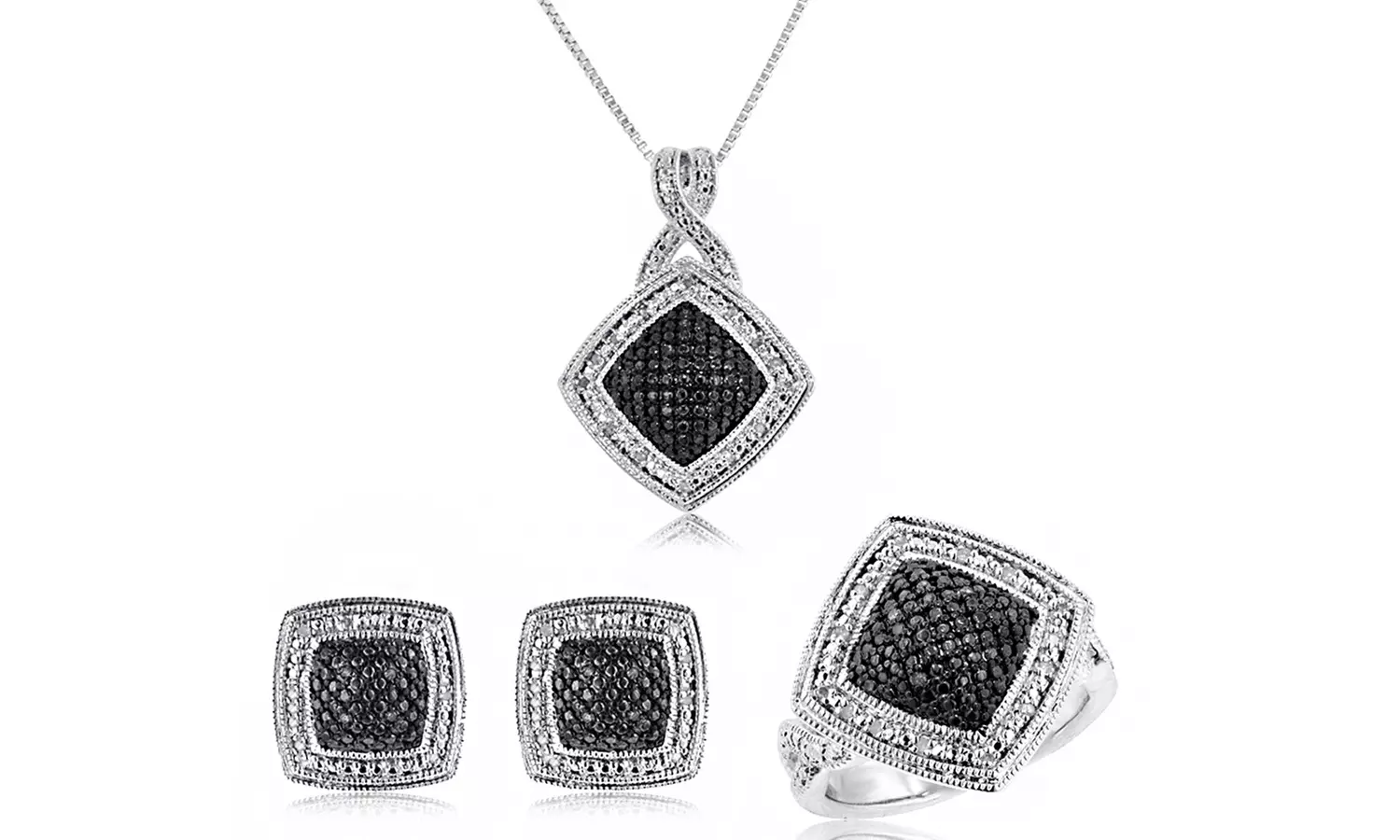 1/4 CTTW Black and White Diamond 3-Piece Jewelry Set with Necklace, Ring, and Earrings - Primary Image
