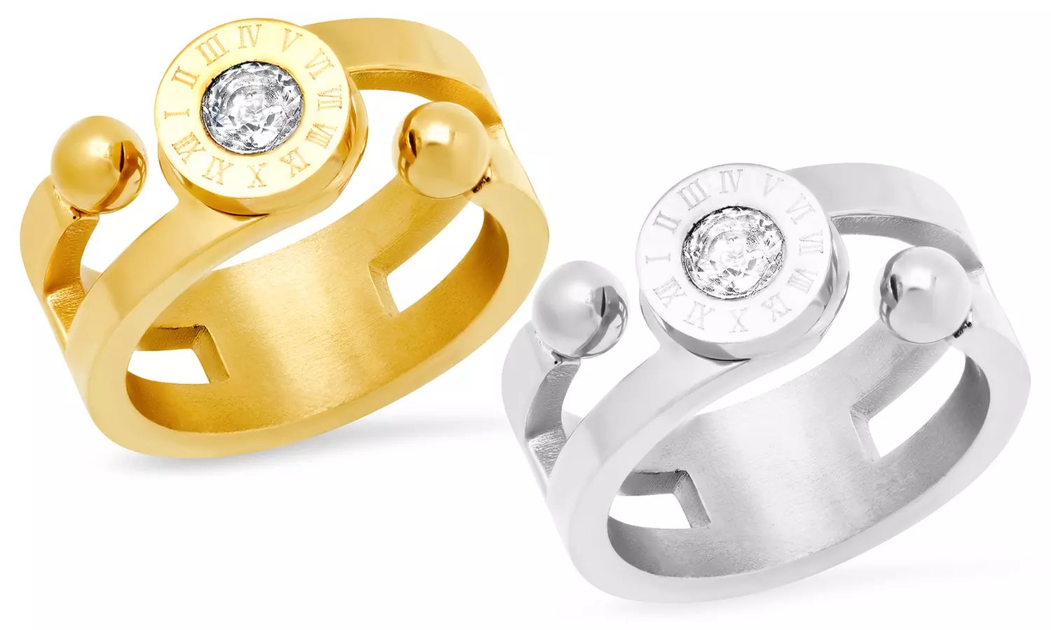 Stainless Steel Cubic Zirconia Double Cuff Ring With Roman Numerals. Multiple Options Available. - Primary Image