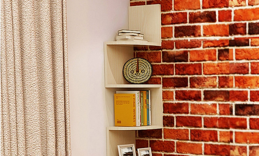 Image 4: Five Tier Wooden Floating Corner Shelf