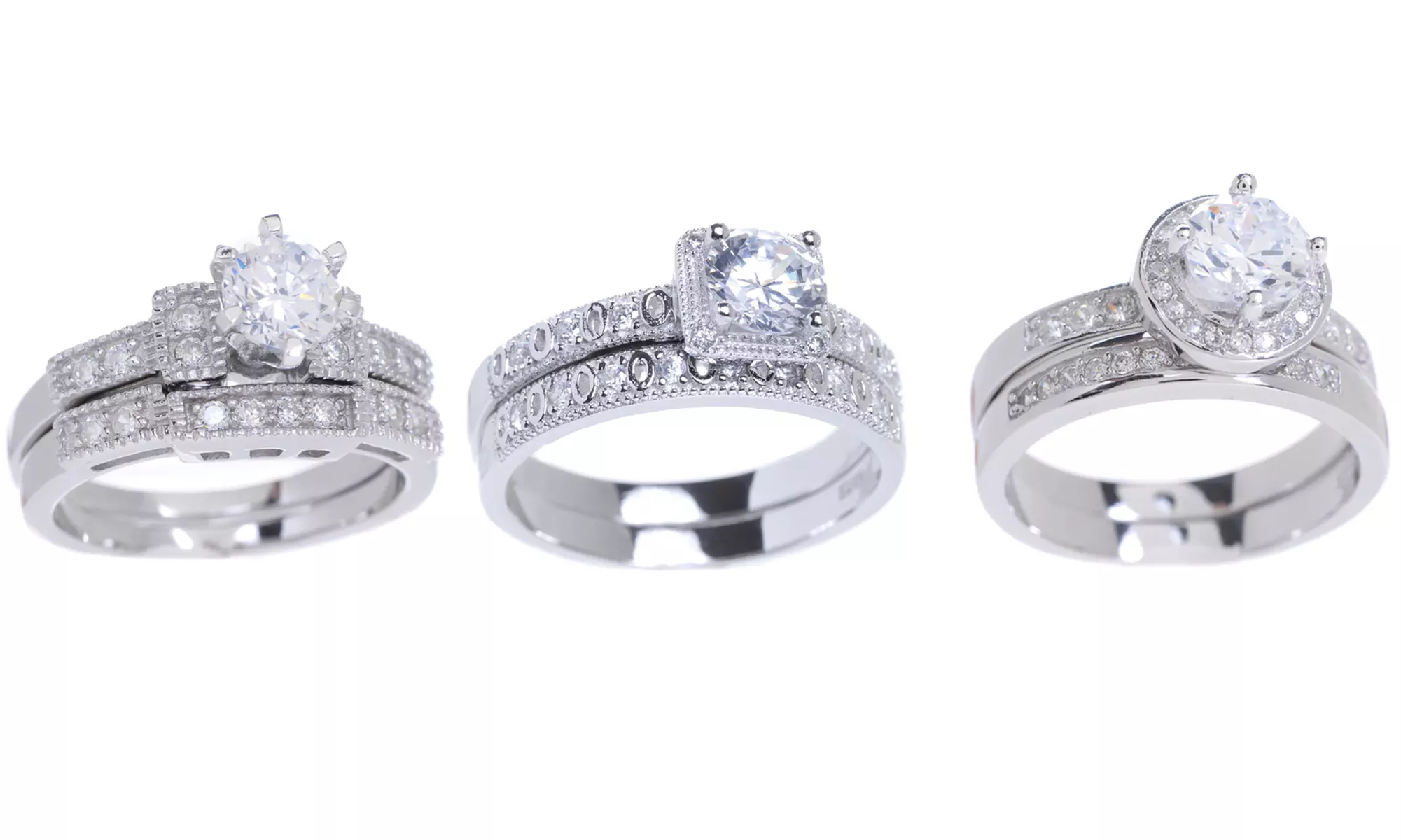 Cubic Zirconia Engagement Ring and Band Sets in 18K White Gold over Sterling Silver - Primary Image