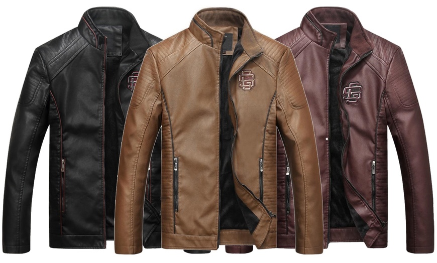 Image 1: Men's Faux-Leather Biker Jacket