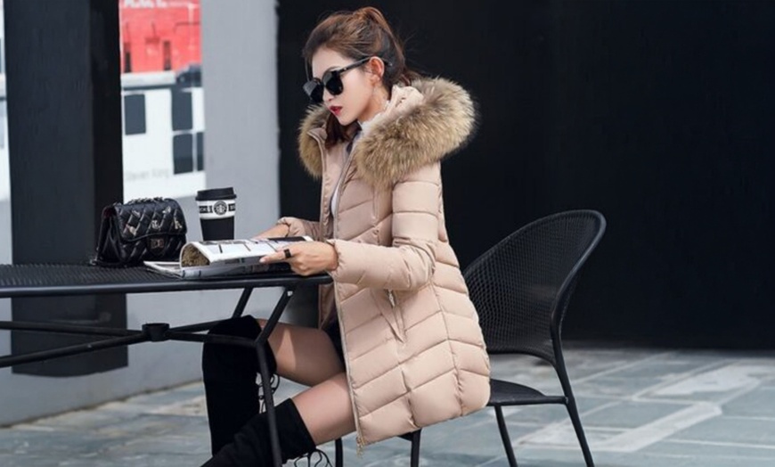 Image 9: Big Fur Collar Slim Mid-length Women’s Cotton Coat