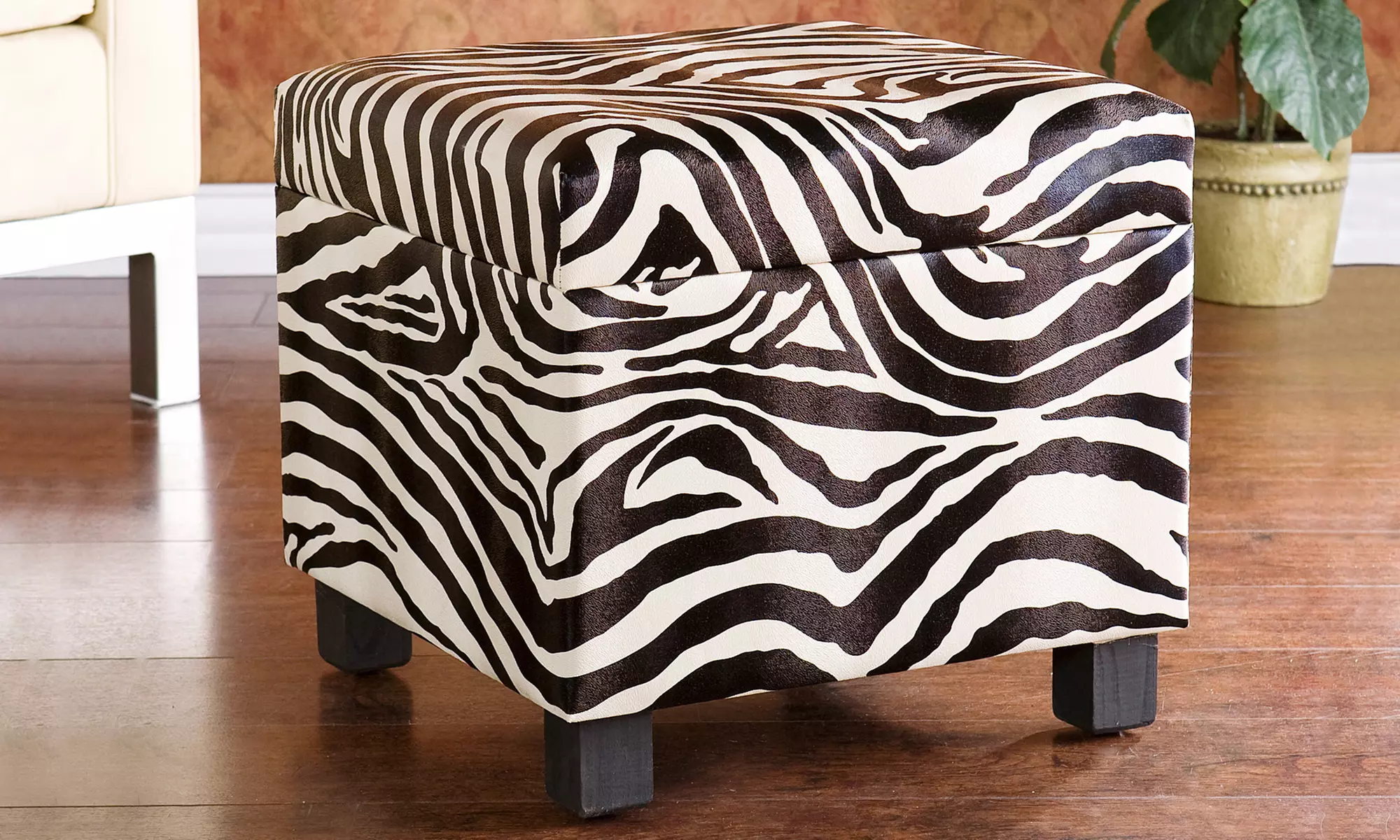 Faux Leather Zebra-Print Storage Ottoman - Primary Image