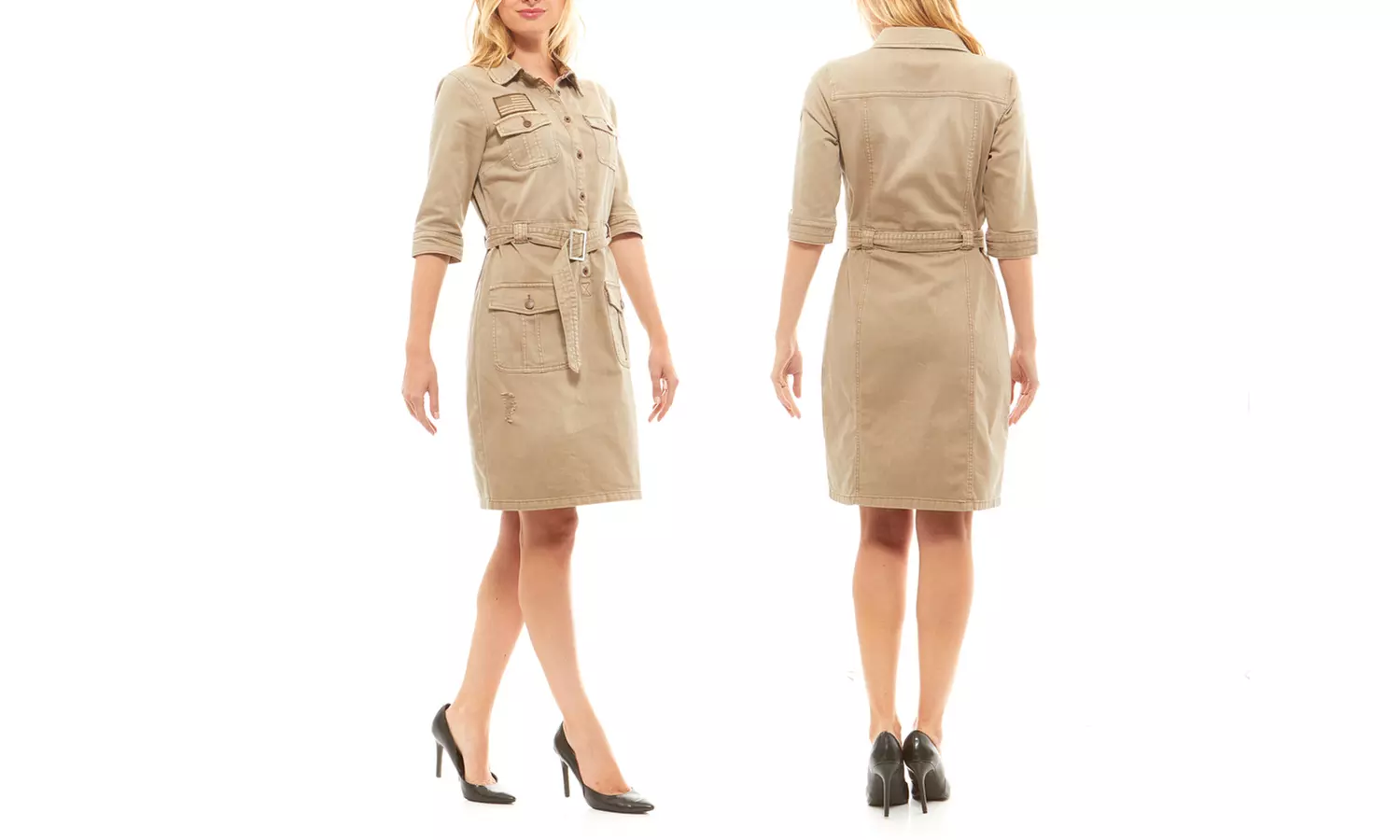 Women's Safari Military Army Fatigue Dress with Belt (Sizes M, XL, 2XL) - Primary Image