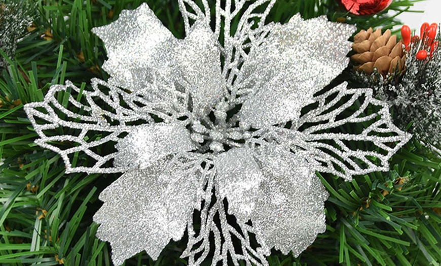 Image 4: Five or Ten Glitter Artificial Flowers Christmas Tree Decorations