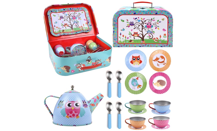 Image 9: 18-Piece Pretend Play Metal Tea Set with Carry Case