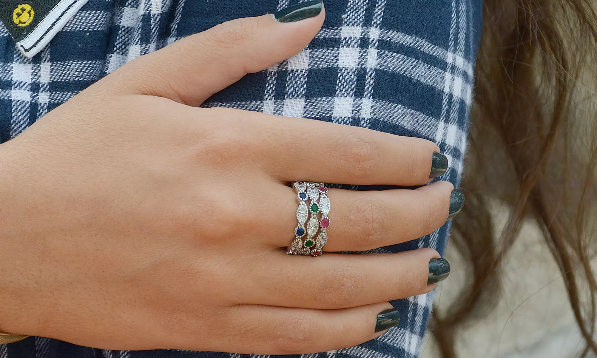Marquise Design Colored Cubic Zirconia Stackable Ring Set in 18K White Gold Plating - Primary Image