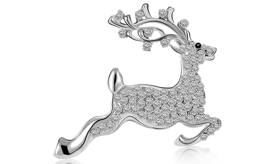 Image 1: Rhodium Plated Reindeer Brooch with SWAROVSKI® Crystals
