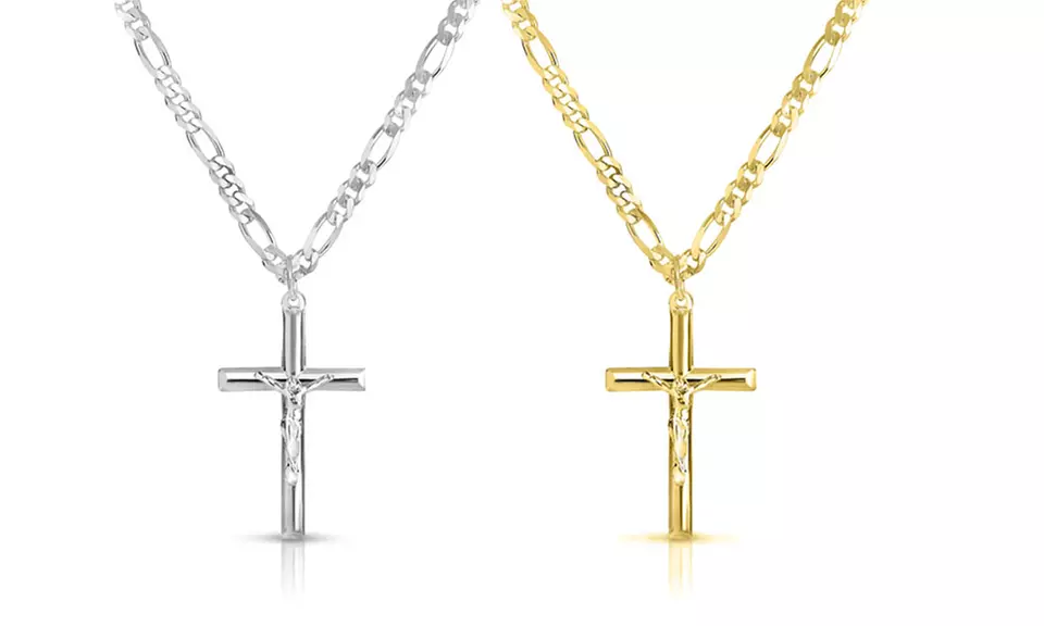 Men's Italian Solid Sterling Silver Cross Necklace With 24" Italian Figaro Chain - Primary Image