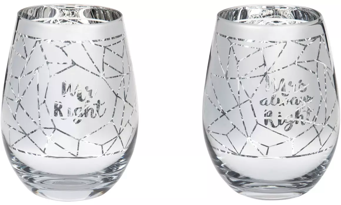 Mr. Right and Mrs. Always Right Stemless Metallic Wine Glass Set - Second Medium
