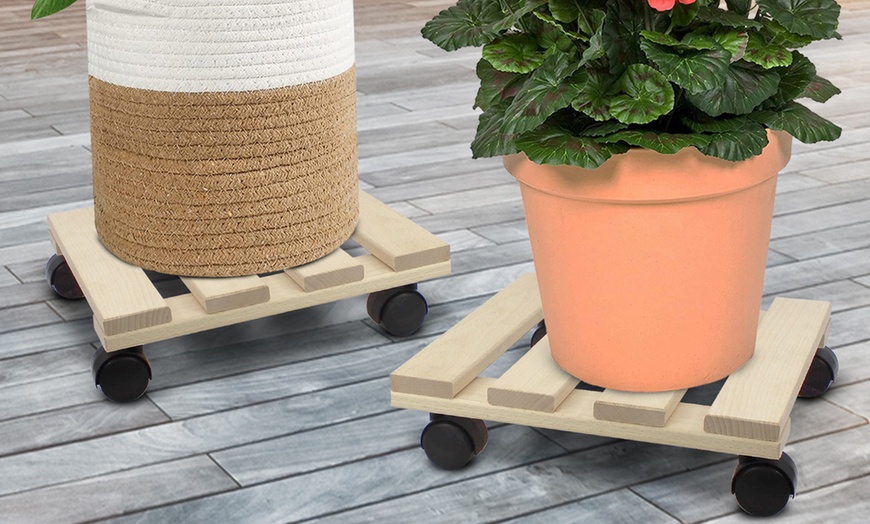 Image 3: Set of 2 Natural Wooden Plant Pot Holders with 4 Wheel Castors