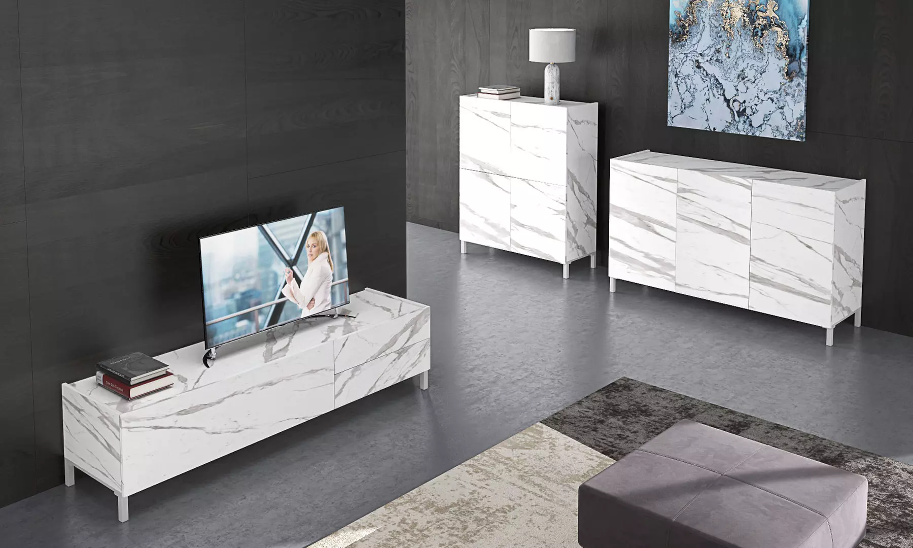 Porta TV, madia o mobile alto Eddy a effetto marmo, disponibili in 2 colori e 4 misure, con spedizione gratuita - Primary Image