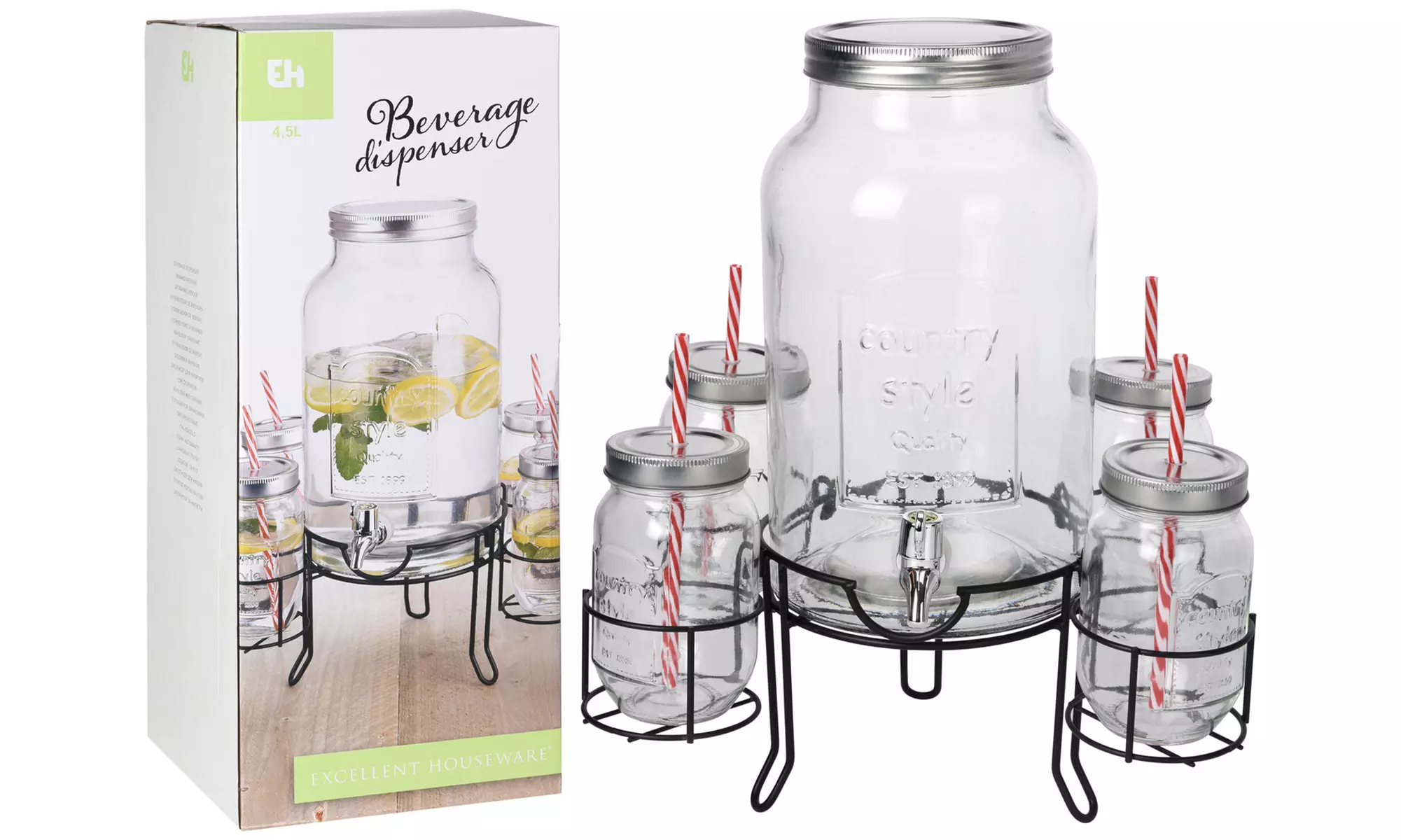 Distributeur de boisson en verre avec pots et pailles - Primary Image