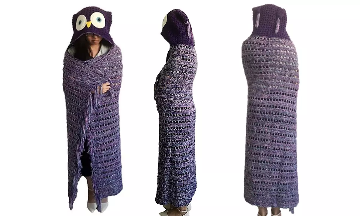 1x Strickdecke mit Eulen-Kapuze in Blau oder Grau - Second Medium