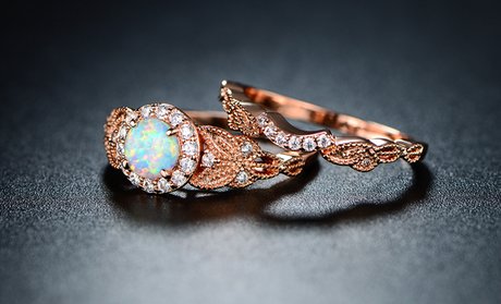 White Fire Opal Halo Engagement Ring Set in 18K Rose Gold