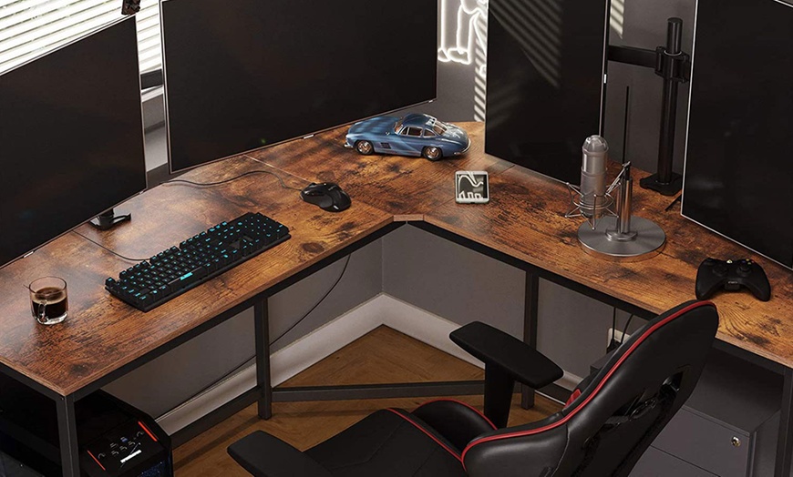 Image 3: L-Shaped Rustic Brown Wood Computer Desk