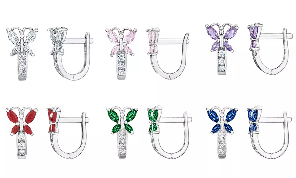 14K White Gold Kids Butterfly Leverback Crystal Earrings - Primary Image
