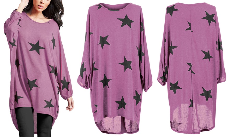 Image 5: Oversized Hi-Lo Star Print Batwing Top