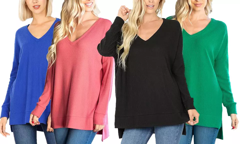 Haute Edition Women's Waffle Knit Cozy V-Neck Tunic Top. Plus Sizes Available. - Primary Image