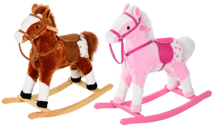 Image 1: HomCom Kids' Plush Rocking Horse with Sound Effects