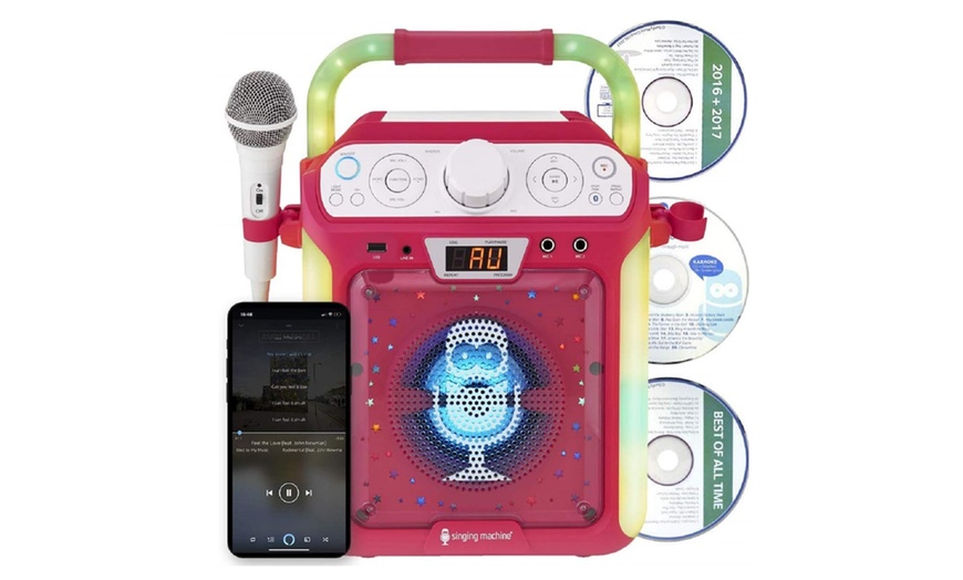 Image 1: Bluetooth and CD Karaoke Machine with LED Lights and Microphone