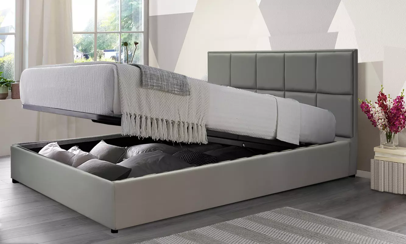 Lit coffre ''Florence'' en simili cuir, avec grand espace de rangement et tête de lit design, matelas en option, Sampur - Primary Image