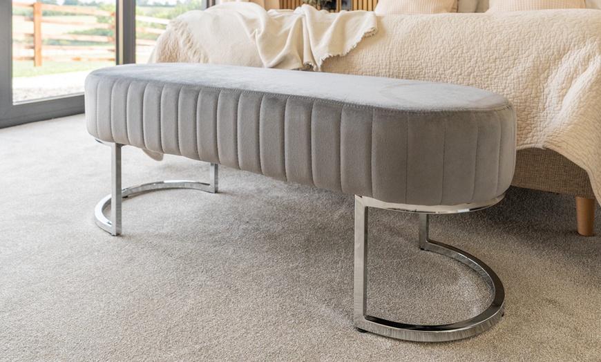 Image 1: Fabric Velvet Bench in Grey Stool with Silver Effect Legs Frame 