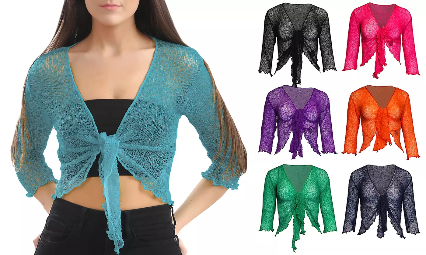 Women's Tie-Front Fine Knit Lace Cropped Shrug Bolero Cardigan - Primary Image