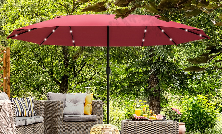 Image 2: Outsunny Double-Sided Parasol, Wine Red with Solar LED Lights