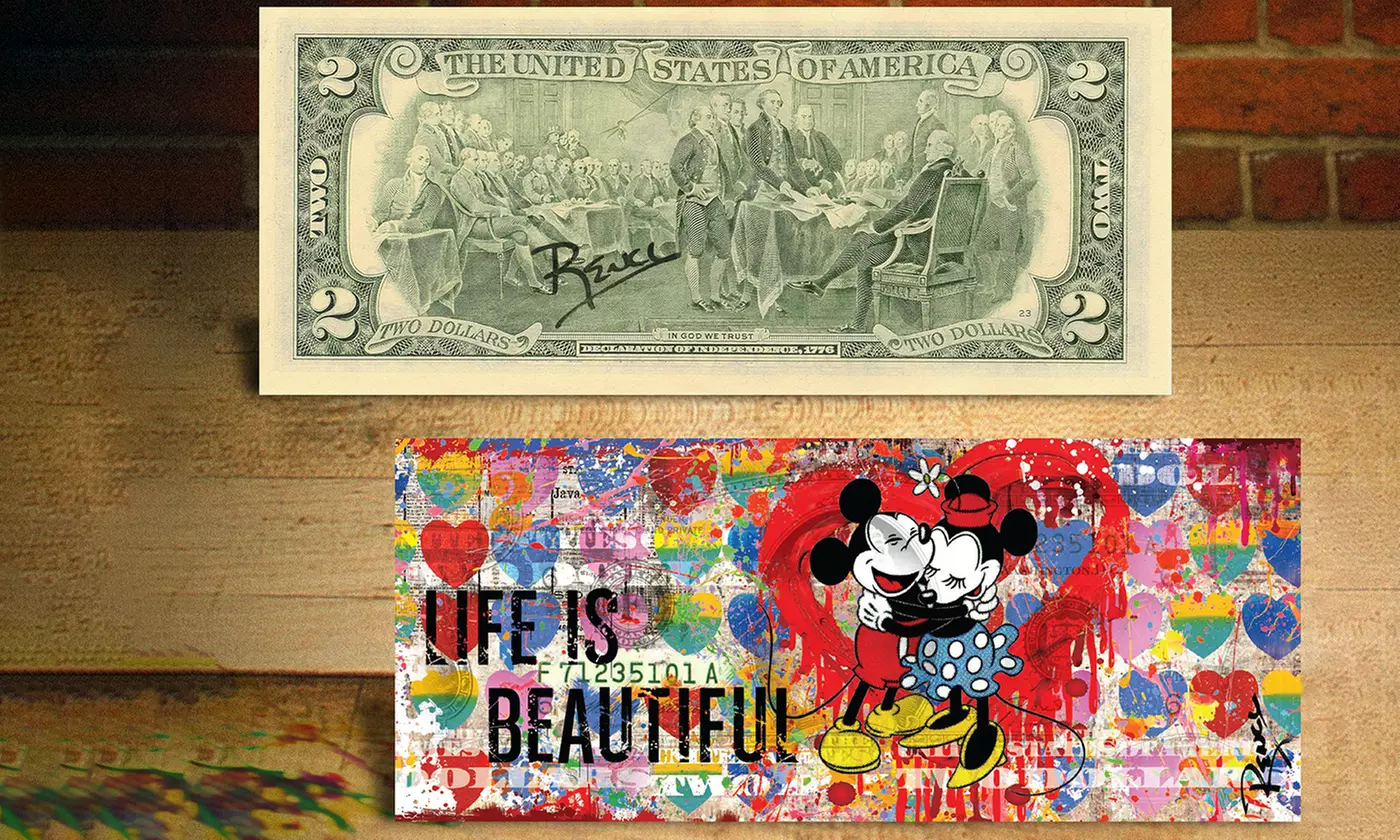 Disney's Mickey & Minnie Mouse Life Is Beautiful 2$ Bill Hand-Signed by Rency - Primary Image