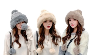 Women's Faux Fur Cossack Knit Pompom Ski Snow Cap