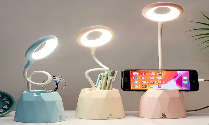 Image 3: Dimmable LED Desk Lamp with Phone and Pen Holder