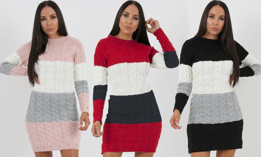 Image 1: Block Striped Cable Knit Pocket Jumper Dress