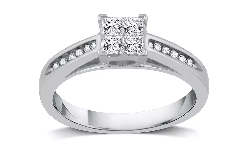 3/8 CTTW Princess-Cut Quad Diamond Engagement Ring in Platinaire by DeCarat - Primary Image